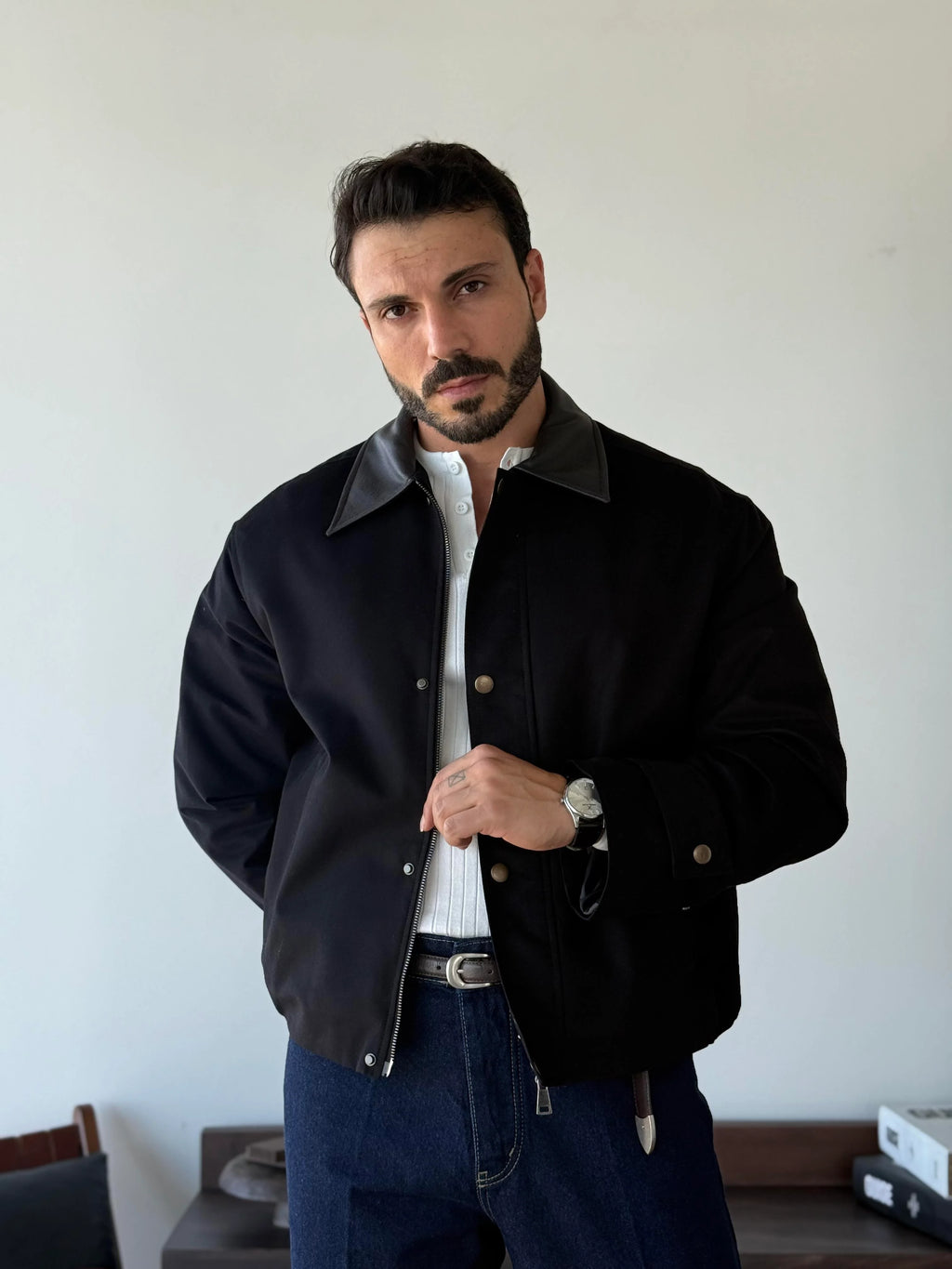 Leather-Collar Blouson